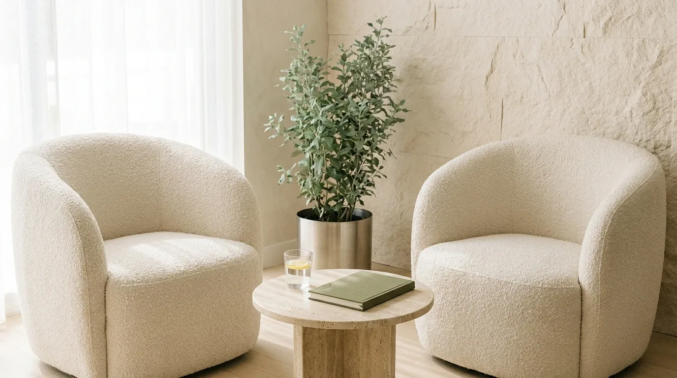 Two cream bouclé armchairs and a travertine table in the consultation room