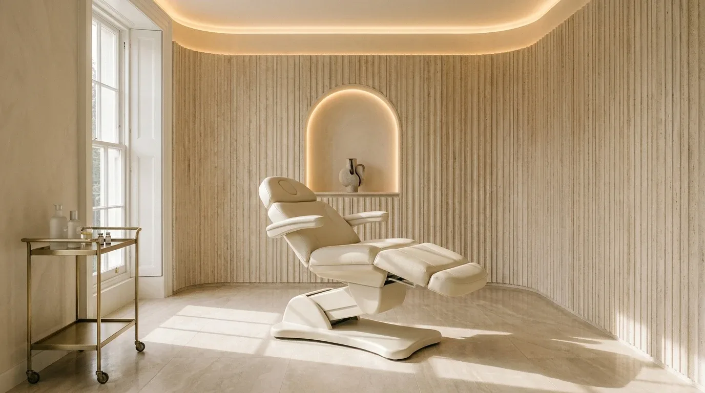 A treatment room with a cream treatment chair, fluted travertine wall and a lit arched niche