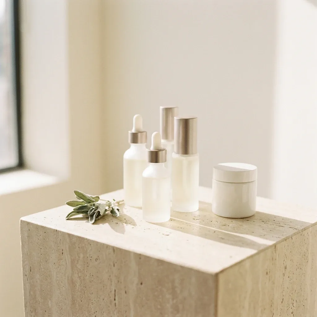 Frosted serum bottles on a travertine block