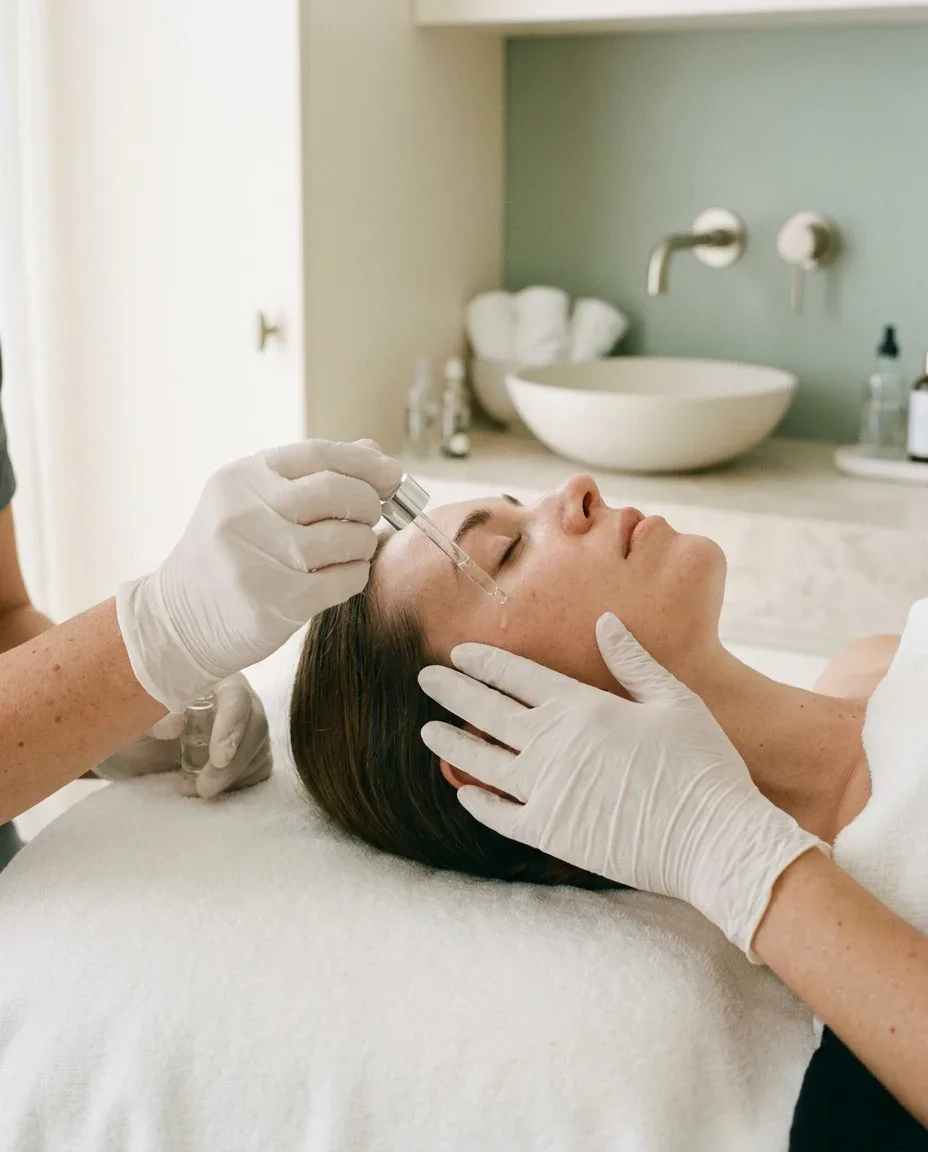 A practitioner applying serum with a glass dropper to a relaxed client